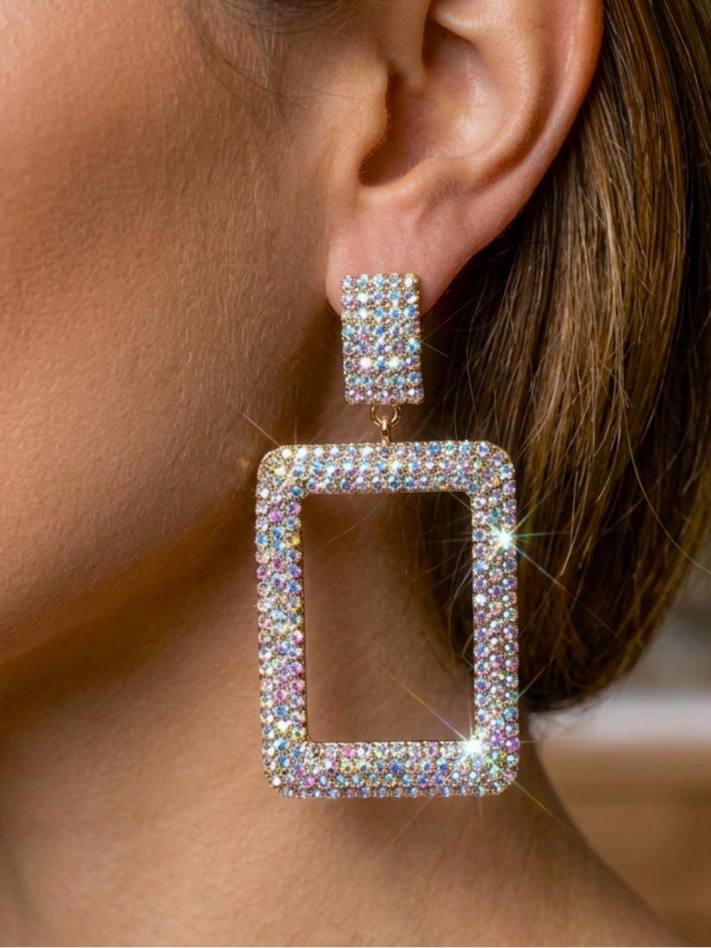 Multicolor Crystal Rectangular Drop Earrings